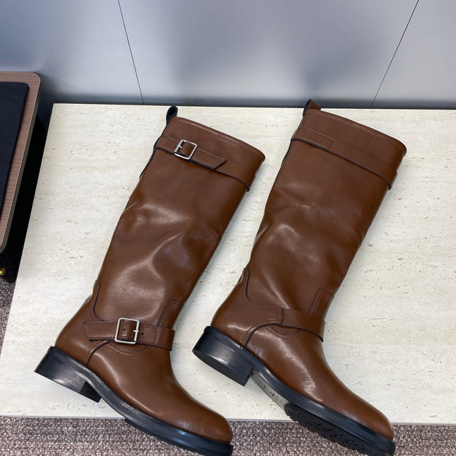 YSL 25S KNEE-HIGH BOOTS 30 MM IN BROWN LAMBSKIN WITH SILVER HARDWARE
