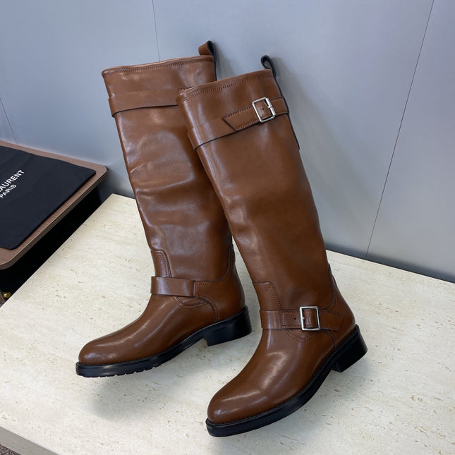 YSL 25S KNEE-HIGH BOOTS 30 MM IN BROWN LAMBSKIN WITH SILVER HARDWARE