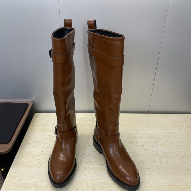 YSL 25S KNEE-HIGH BOOTS 30 MM IN BROWN LAMBSKIN WITH SILVER HARDWARE