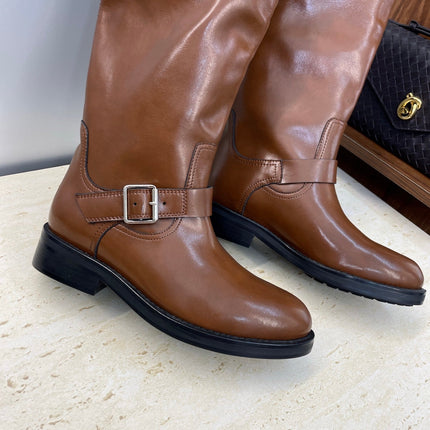 YSL 25S KNEE-HIGH BOOTS 30 MM IN BROWN LAMBSKIN WITH SILVER HARDWARE