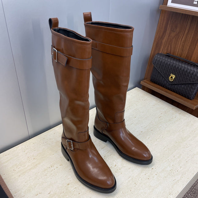 YSL 25S KNEE-HIGH BOOTS 30 MM IN BROWN LAMBSKIN WITH SILVER HARDWARE