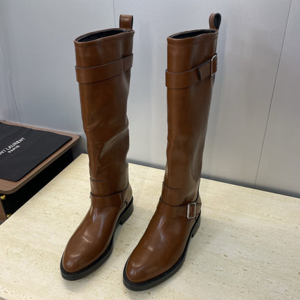YSL 25S KNEE-HIGH BOOTS 30 MM IN BROWN LAMBSKIN WITH SILVER HARDWARE