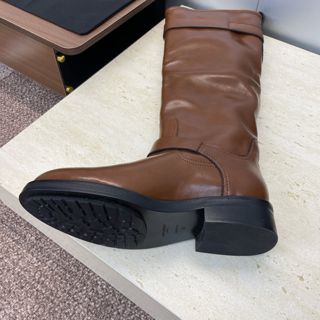 YSL 25S KNEE-HIGH BOOTS 30 MM IN BROWN LAMBSKIN WITH SILVER HARDWARE