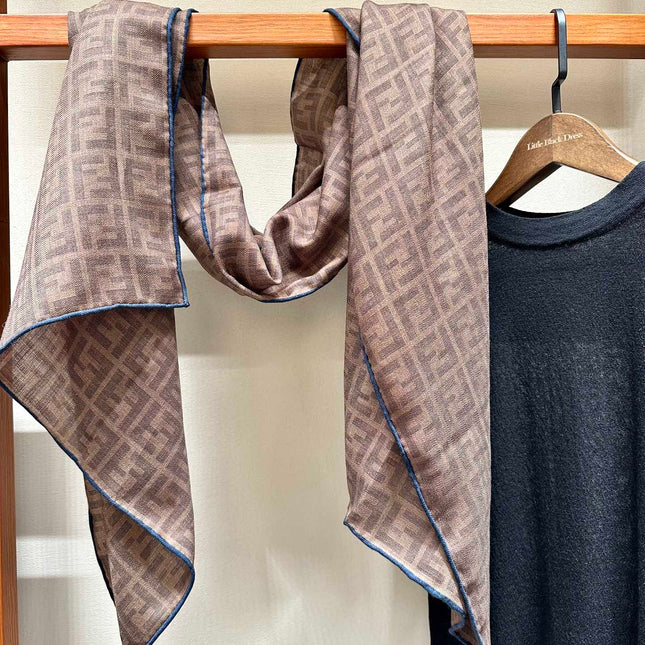 FF SHAWL 185 CM IN COFFEE BROWN SILK AND WOOL WITH BLUE BORDER 413672