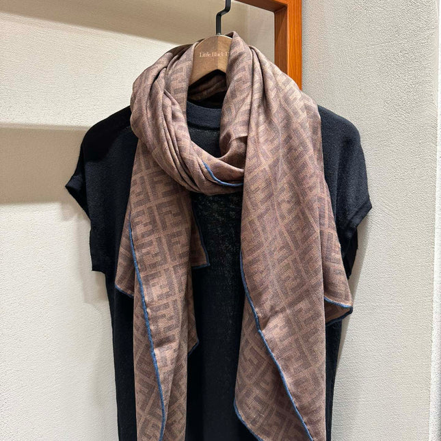 FF SHAWL 185 CM IN COFFEE BROWN SILK AND WOOL WITH BLUE BORDER 413672