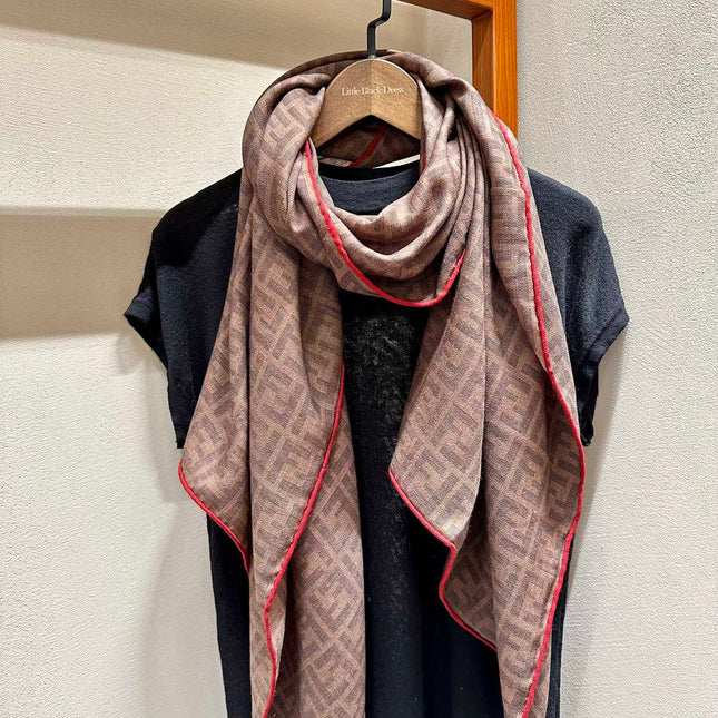 FF SHAWL 185 CM IN COFFEE BROWN SILK AND WOOL WITH RED BORDER 413673