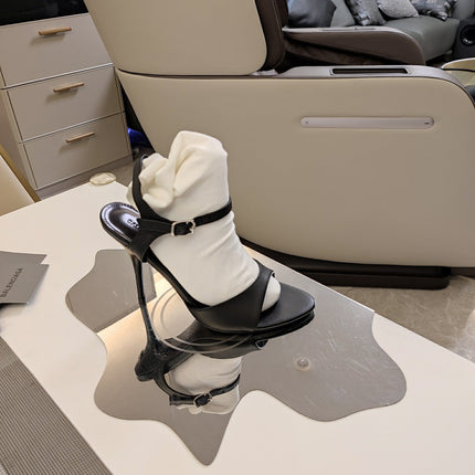 OPEN TOE STRAPPY HIGH HEEL IN BLACK CALFSKIN