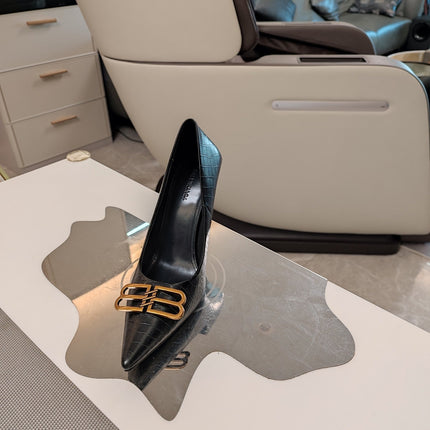 POINTED BB GOLD BUCKLE HIGH PUMPS IN BLACK CROCODILE PATTERN CALFSKIN