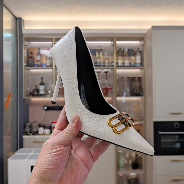 POINTED BB GOLD BUCKLE HIGH PUMPS IN WHITE CROCODILE PATTERN CALFSKIN