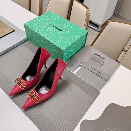 POINTED BB GOLD BUCKLE HIGH PUMPS IN RED CROCODILE PATTERN CALFSKIN