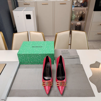 POINTED BB GOLD BUCKLE HIGH PUMPS IN RED CROCODILE PATTERN CALFSKIN