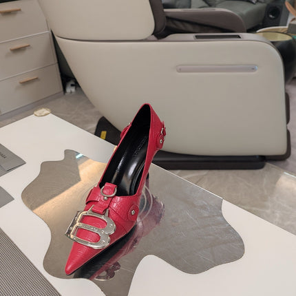 HIGH PUMPS WITH B SILVER BUCKLE IN RED CROCODILE PATTERN CALFSKIN