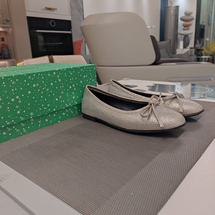 RHINESTONE BALLET FLATS WITH BOW IN BEIGE SHEEPSKIN