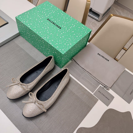 RHINESTONE BALLET FLATS WITH BOW IN BEIGE SHEEPSKIN