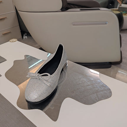 RHINESTONE BALLET FLATS WITH BOW IN METALLIC SILVER SHEEPSKIN