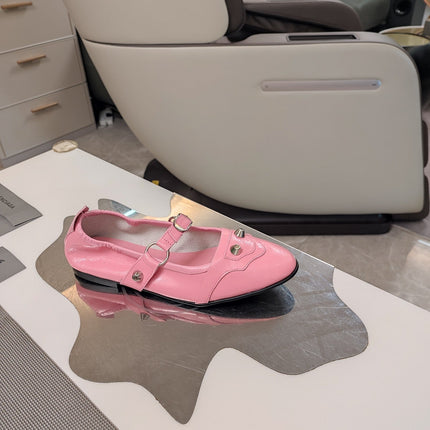 STUDDED MARY JANE FLATS IN SEA PINK SHINY LAMBSKIN