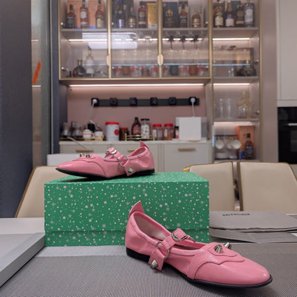 STUDDED MARY JANE FLATS IN SEA PINK SHINY LAMBSKIN