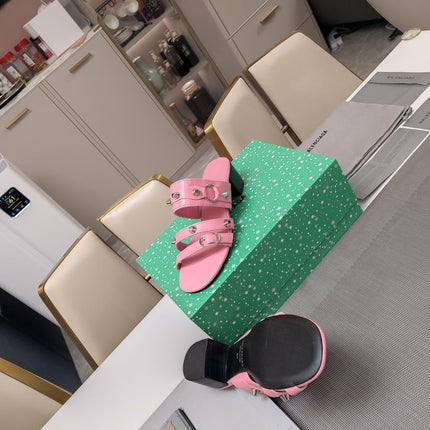 STRAPPY MEDIUM HEELED SANDALS IN WEWAK PINK STUDDED WAX-OIL SHEEPSKIN