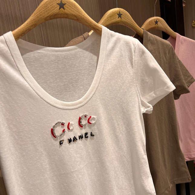 CC Hand-beaded Coco letter U-neck T-shirt Cotton
