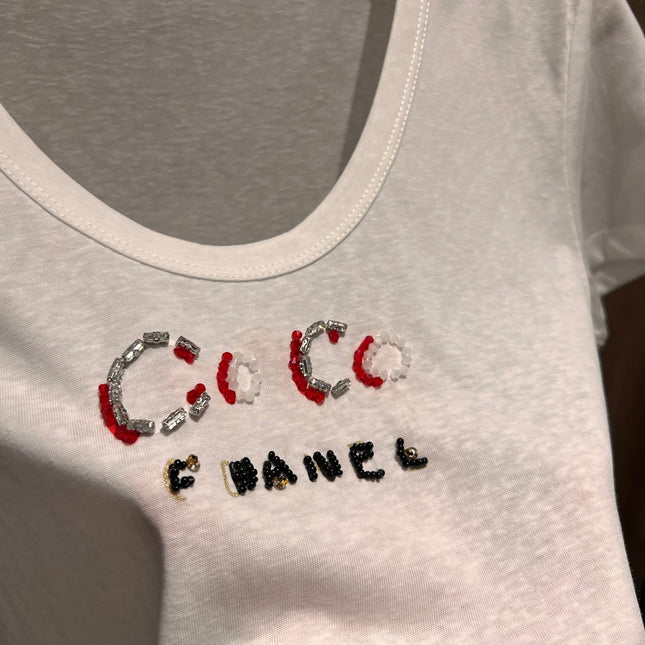 CC Hand-beaded Coco letter U-neck T-shirt Cotton