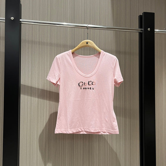 CC Hand-beaded Coco letter U-neck T-shirt Cotton