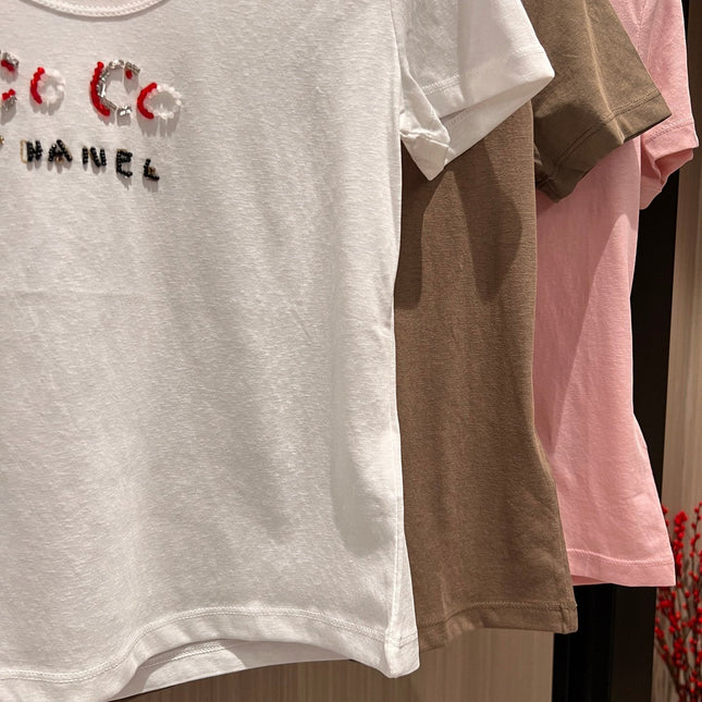 CC Hand-beaded Coco letter U-neck T-shirt Cotton