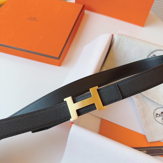 MINI H BELT BUCKLE & REVERSIBLE BLACK LEATHER STRAP 24 MM GOLD HARDWARE