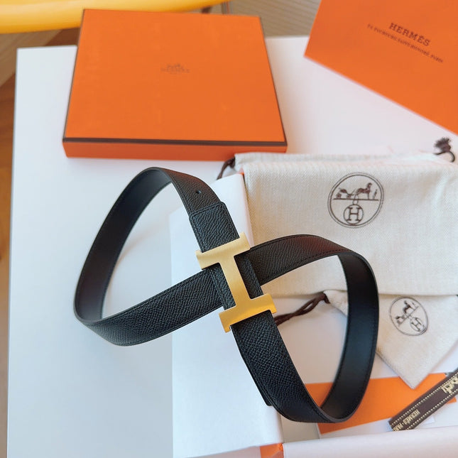 MINI H BELT BUCKLE & REVERSIBLE BLACK LEATHER STRAP 24 MM GOLD HARDWARE