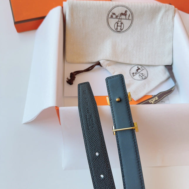 MINI H BELT BUCKLE & REVERSIBLE BLACK LEATHER STRAP 24 MM GOLD HARDWARE