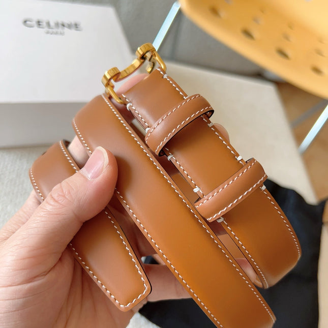 CELINE 25S TRIOMPHE BELT 25MM IN CARAMEL CALFSKIN GOLD HARDWARE 585789