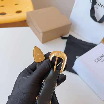 CELINE 25S SMALL 25MM WESTERN BELT IN BLACK CALFSKIN 566638