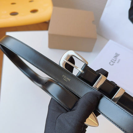 CELINE 25S SMALL 25MM WESTERN BELT IN BLACK CALFSKIN 566639