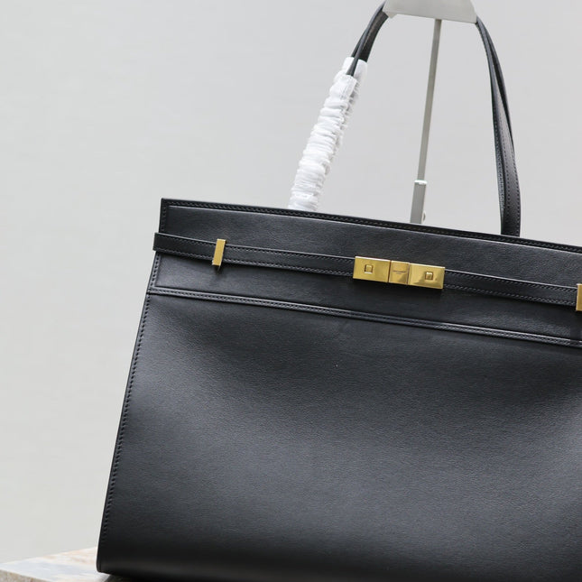 MANHATTAN SHOPPING BAG 40 IN BLACK SMOOTH LAMBSKIN GOLD BUCKLE