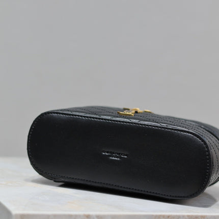 GABY MINI VANITY 18 IN BLACK QUILTED LAMBSKIN GOLD HARDWARE