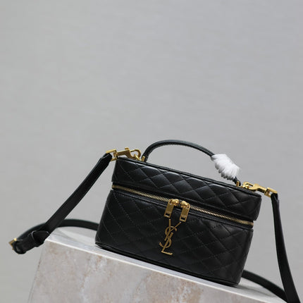 GABY MINI VANITY 18 IN BLACK QUILTED LAMBSKIN GOLD HARDWARE