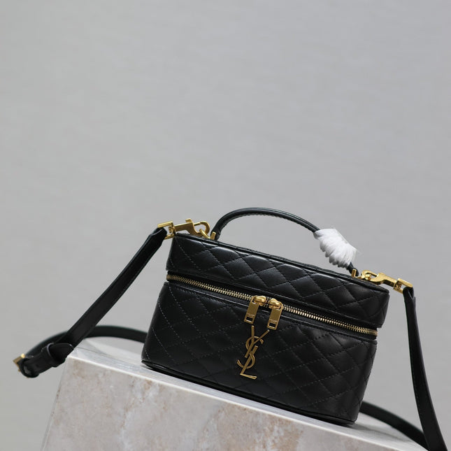 GABY MINI VANITY 18 IN BLACK QUILTED LAMBSKIN GOLD HARDWARE