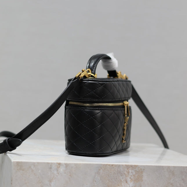 GABY MINI VANITY 18 IN BLACK QUILTED LAMBSKIN GOLD HARDWARE