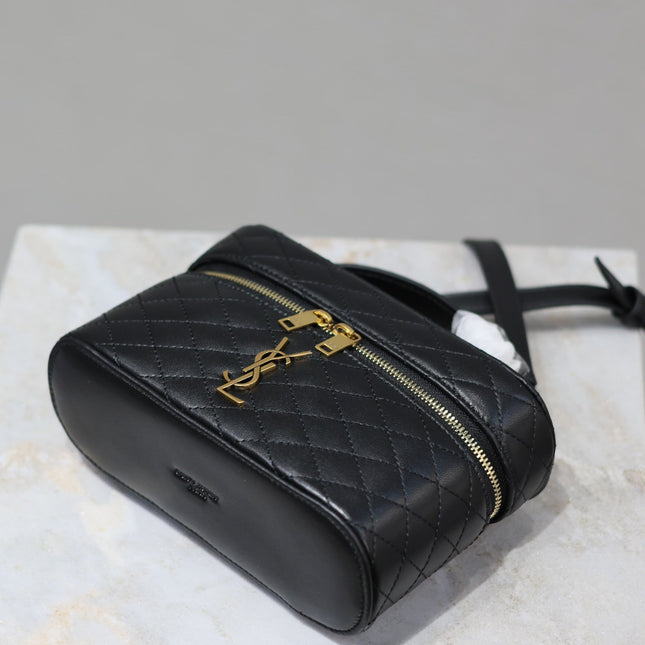 GABY MINI VANITY 18 IN BLACK QUILTED LAMBSKIN GOLD HARDWARE