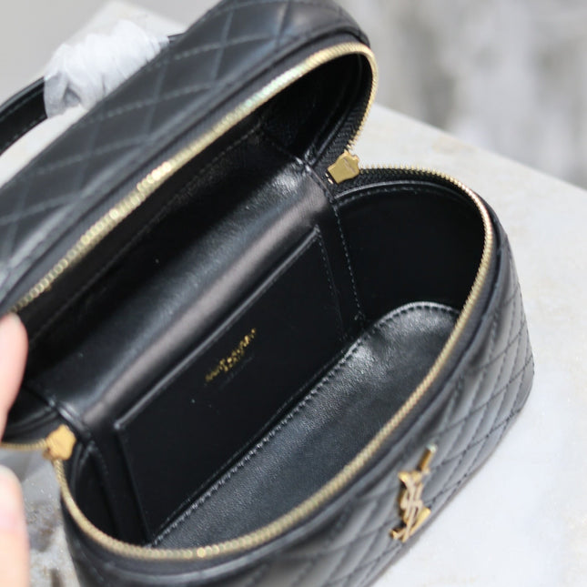 GABY MINI VANITY 18 IN BLACK QUILTED LAMBSKIN GOLD HARDWARE