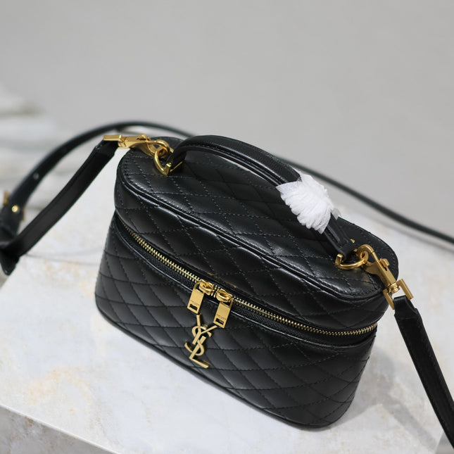 GABY MINI VANITY 18 IN BLACK QUILTED LAMBSKIN GOLD HARDWARE