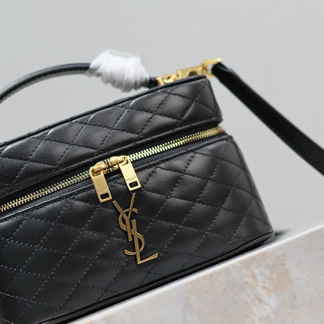 GABY MINI VANITY 18 IN BLACK QUILTED LAMBSKIN GOLD HARDWARE