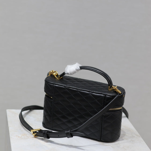 GABY MINI VANITY 18 IN BLACK QUILTED LAMBSKIN GOLD HARDWARE