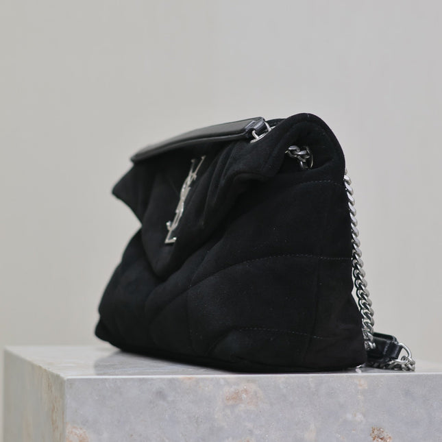 PUFFER SMALL 29 IN BLACK SUEDE SILVER HARDWARE