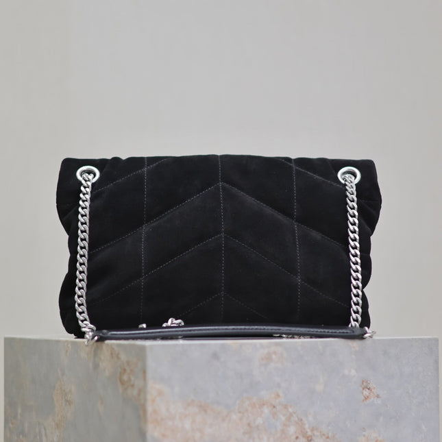 PUFFER SMALL 29 IN BLACK SUEDE SILVER HARDWARE