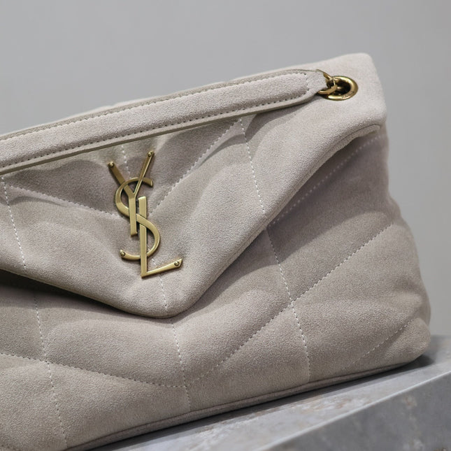 YSL 25S LOULOU PUFFER MM 29 IN SMOKEY TAUPE SUEDE GOLD HARDWRE