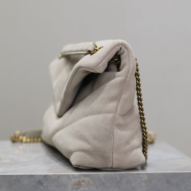 YSL 25S LOULOU PUFFER MM 29 IN SMOKEY TAUPE SUEDE GOLD HARDWRE