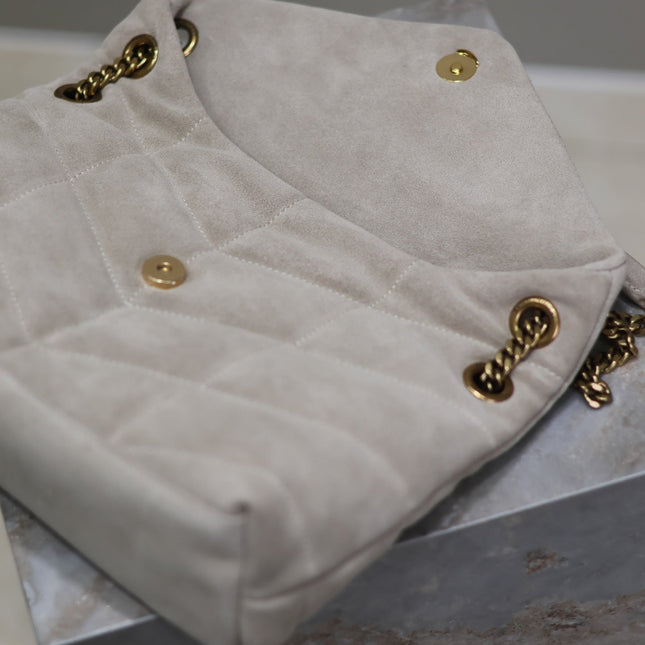 YSL 25S LOULOU PUFFER MM 29 IN SMOKEY TAUPE SUEDE GOLD HARDWRE