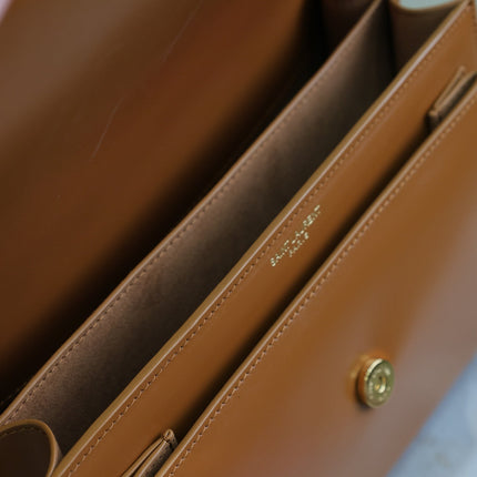 YSL 25S SUNSET BAG 22 IN DARK CARAMEL CALFSKIN GOLD HARDWRE