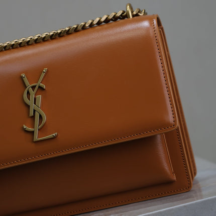 YSL 25S SUNSET BAG 22 IN DARK CARAMEL CALFSKIN GOLD HARDWRE