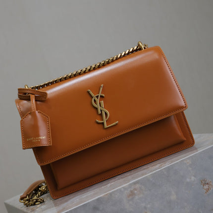 YSL 25S SUNSET BAG 22 IN DARK CARAMEL CALFSKIN GOLD HARDWRE